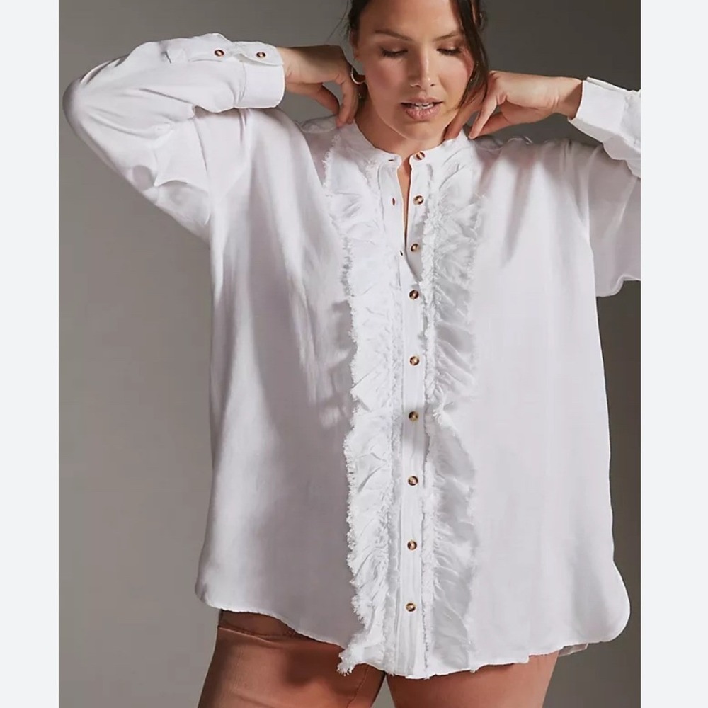 Anthropologie‎ Pilcro Ruffled Placket Shirt White Linen Blend Boho Top Women Sml